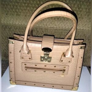 Designer Animal Emboss Print (Beige/ Cream) Gold Accent Double Handle Tote Bag